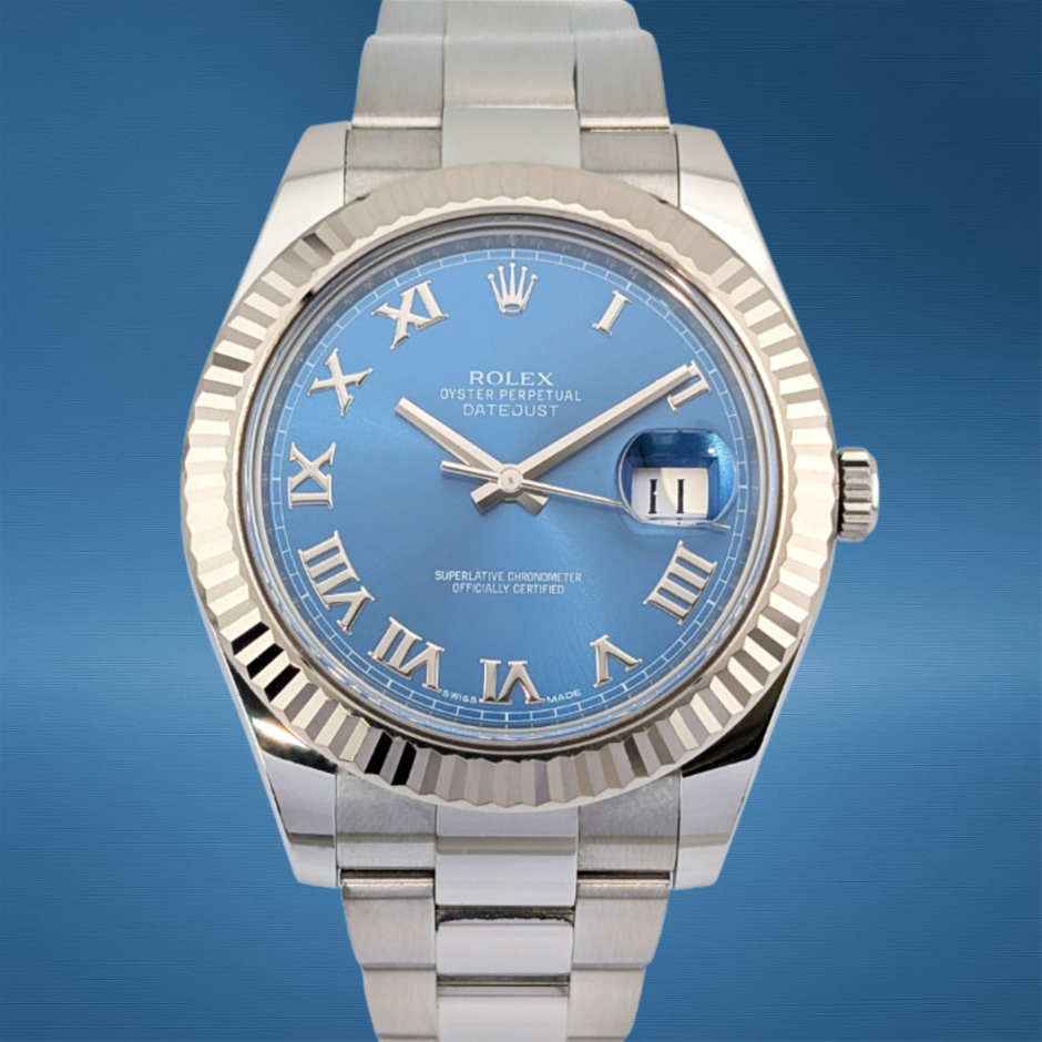 Rolex 116334 Datejust II Azzurro Blue Roman Fluted 41mm 2016 BxP