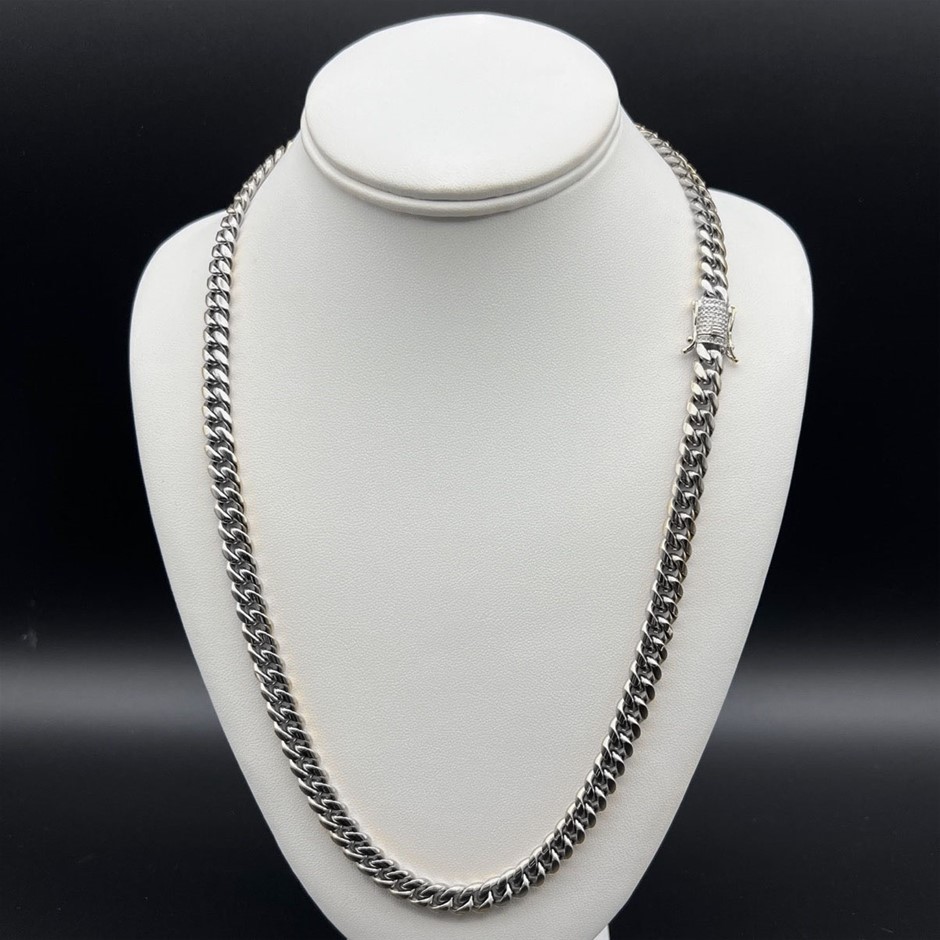 Silver-Filled Cuban Necklace with Simulated Diamond Clasp, 8MM -  55.8cm
