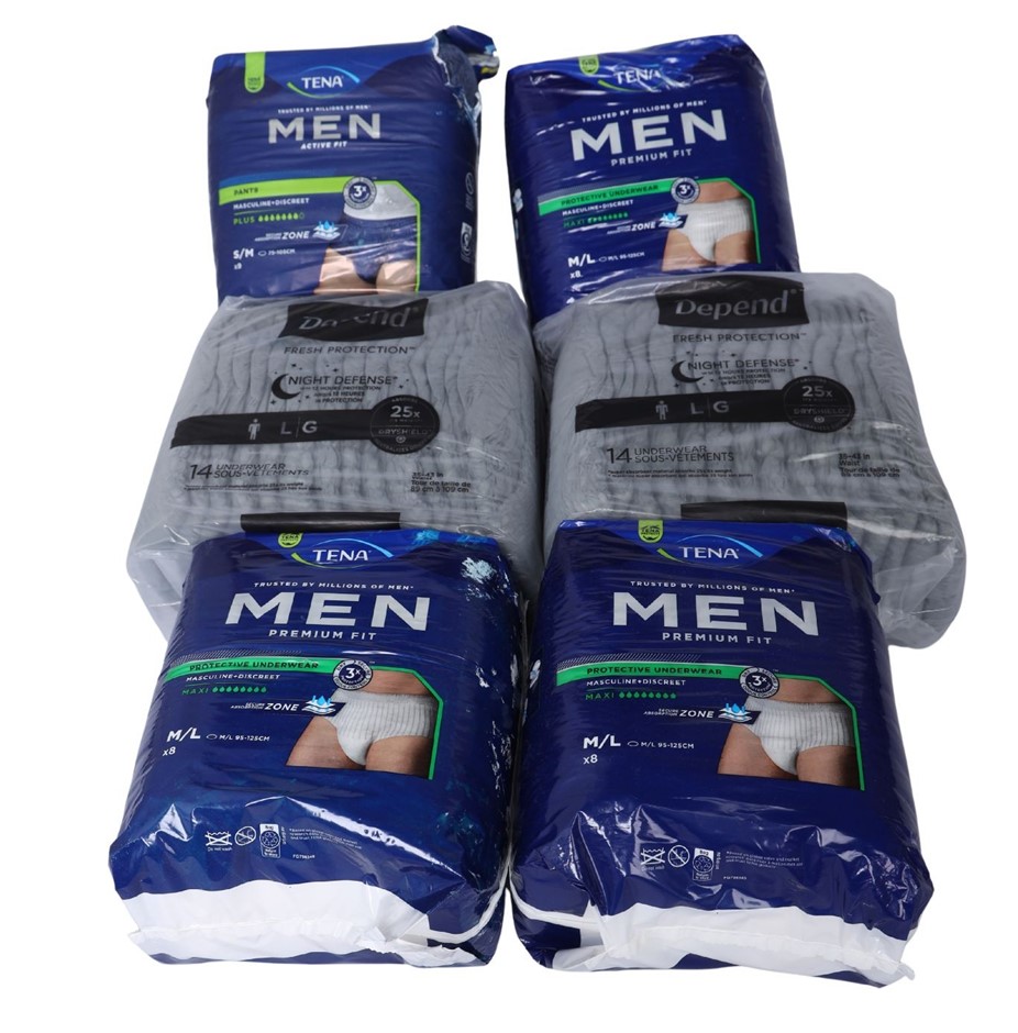 6 x Assorted Men's Disposable Underwear Packs, Incl: TENA & DEPEND.