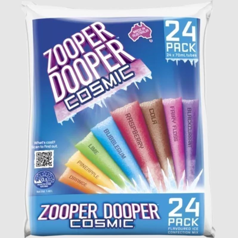 6 x Pack of 24pc ZOOPER DOOPER Cosmic Flavoured Ice Confection Mix, 70ml ea