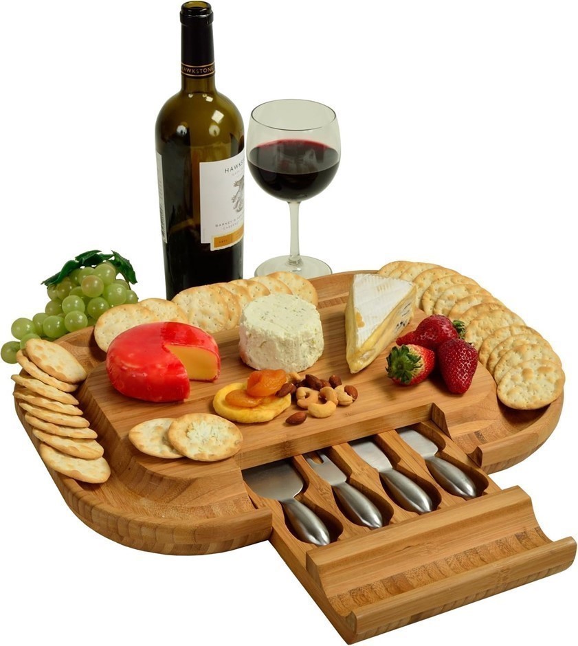 CARRARA HOME Malvern Bamboo Cheese Board w/ 4 Pieces Stainless Steel Servin