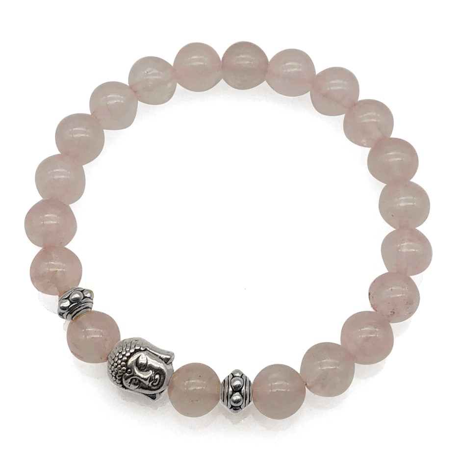 8mm Rose Quartz & Antique Silver Buddha Charm Beaded Bracelet
