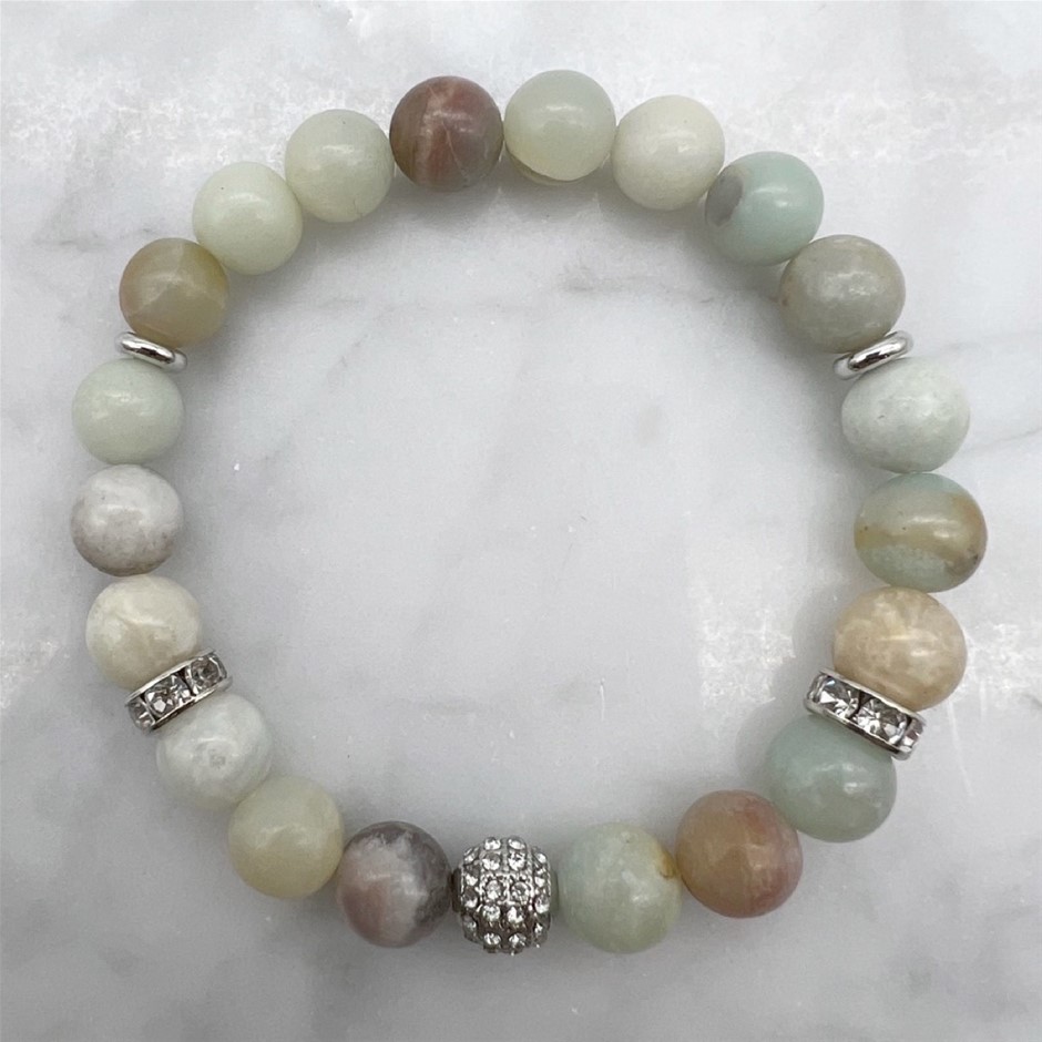 8mm Amazonite with Rhinestones Platinum Plated Beaded Bracelet