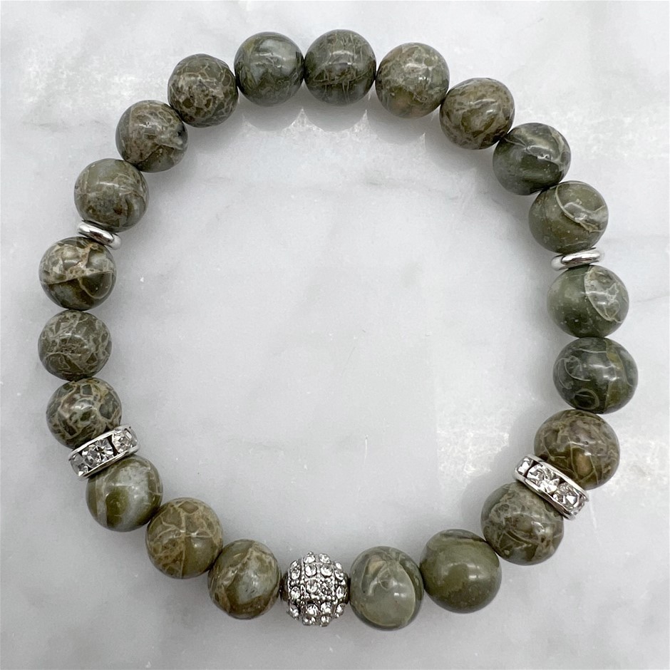8mm Crocodile Jasper with Rhinestones Platinum Plated Beaded Bracelet
