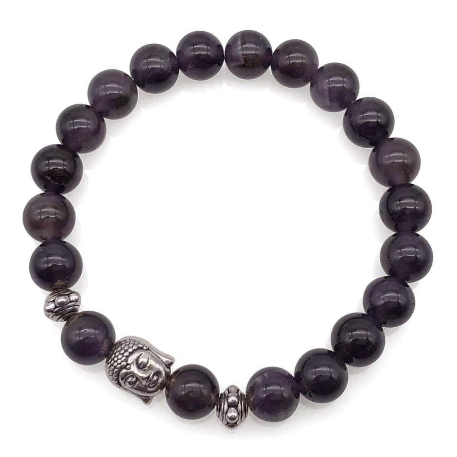 8mm Amethyst & Antique Silver Buddha Charm Beaded Bracelet