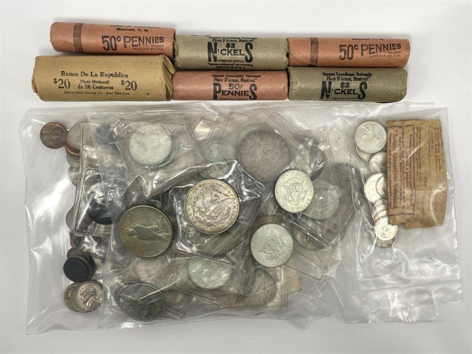 Approx 123 x Canadian, Columbian, USA Coins & Bankrolls c. 1876-1972