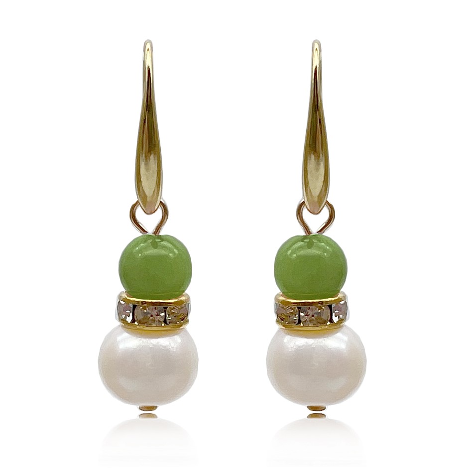 Flower Jade & Freshwater Pearl Gold Plated Drop Earrings