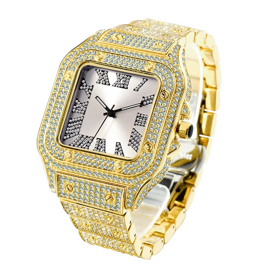 18k Gold Filled, White Face Iced Out Diamond Quartz Wrist Watch