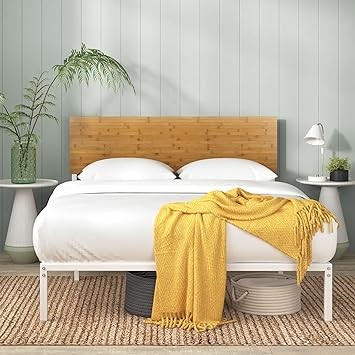 ZINUS Queen Bed Frame, Figari Bamboo and Metal White Bed Frame, Adjustable