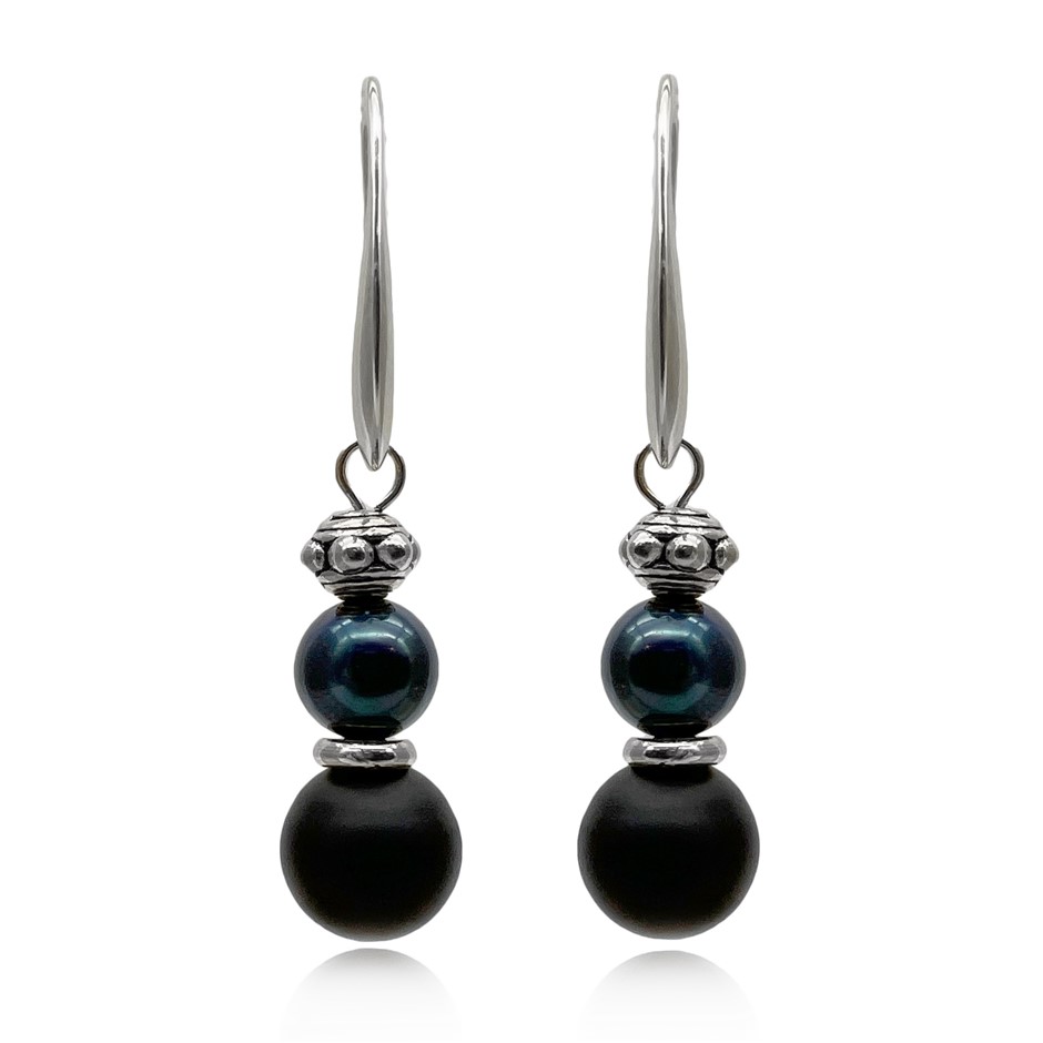 8mm Frosted Agate, Black Agate, Freshwater Pearls Earrings