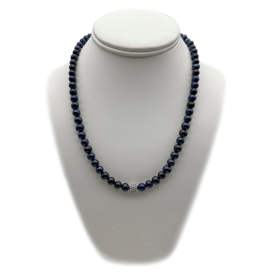 7-8mm Black Pearl & Rhinestone Real Platinum Plated Necklace