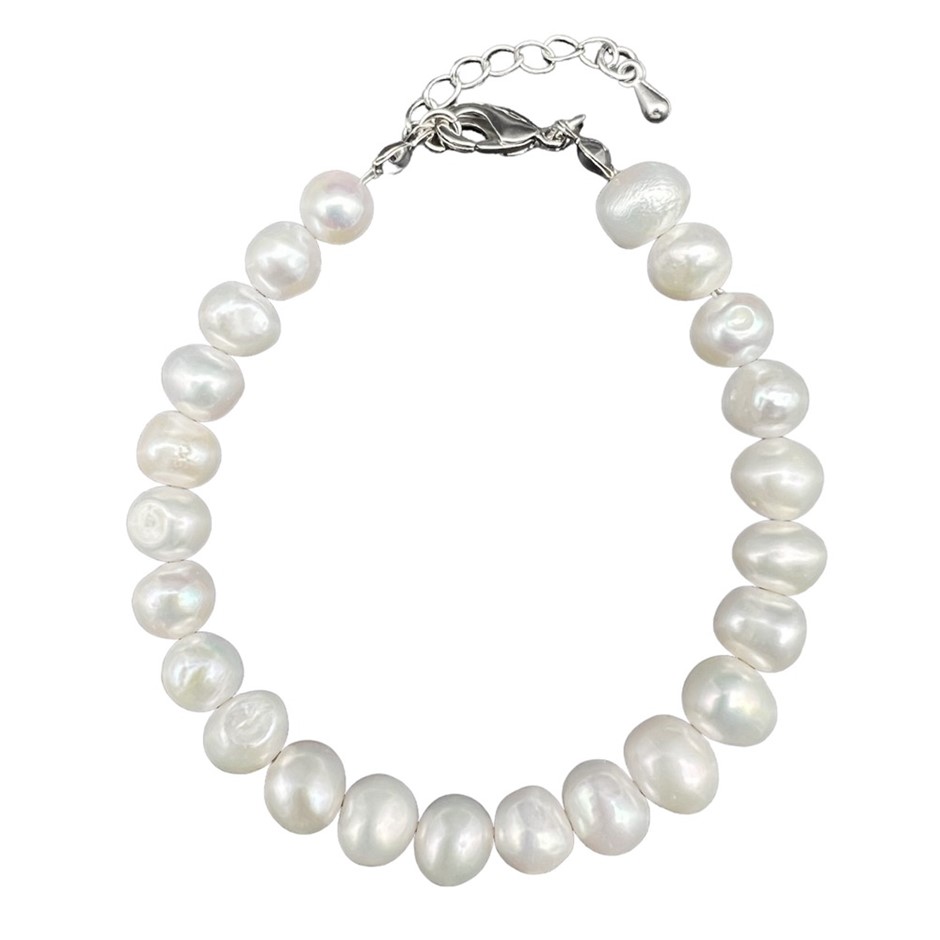 Mix Shape 7-8mm White Pearls Platinum Plated Bracelet.