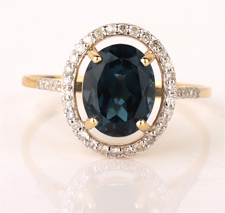 Yellow Gold Natural London Blue Topaz & Diamond Ring with Valuation