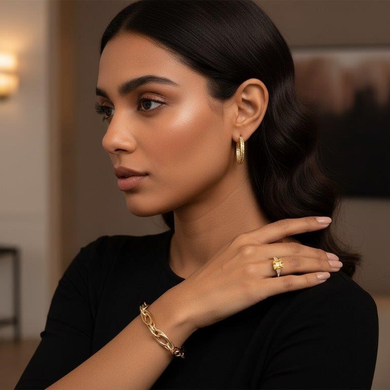 3pcs x 18KGF/Italy Stamped Yellow Gold Filled Bracelet & Ring & Earring