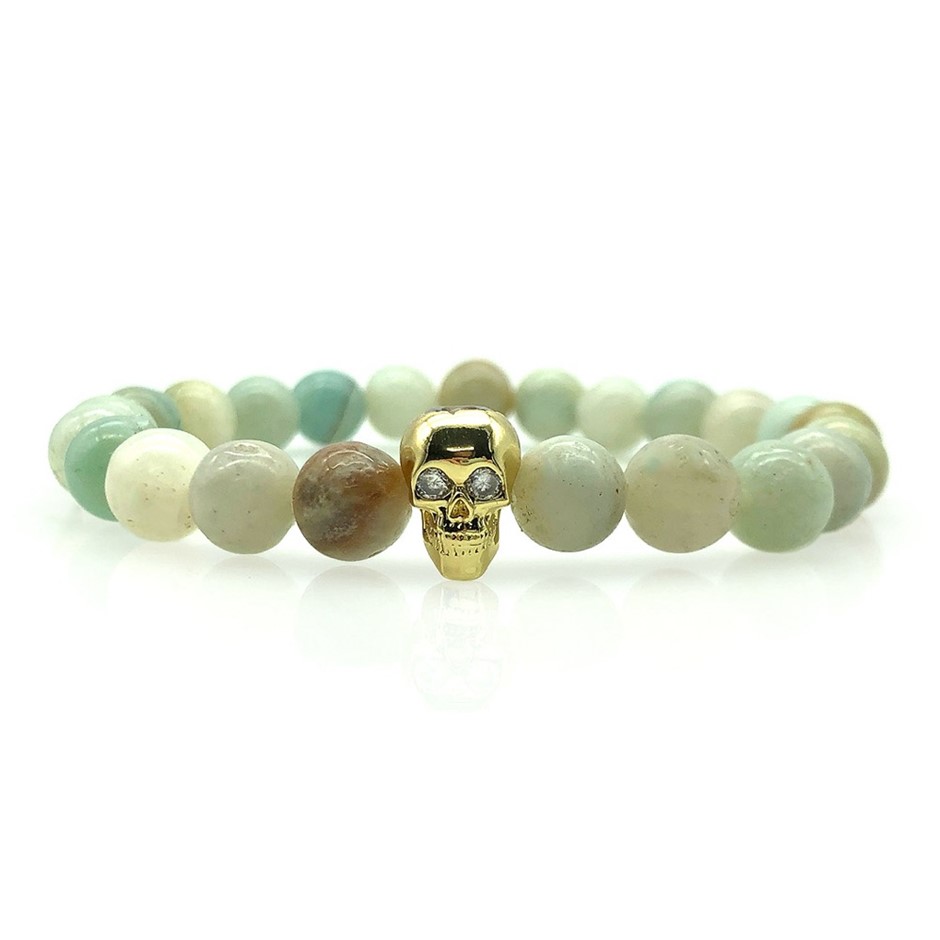 Men's 8mm Amazonite & Skull Beaded Bracelet