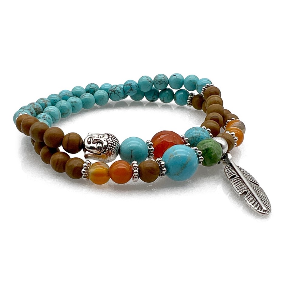 Men's 2 Row Turquoise , Woodlace & Agate Leaf & Buddha Charm Bracelet