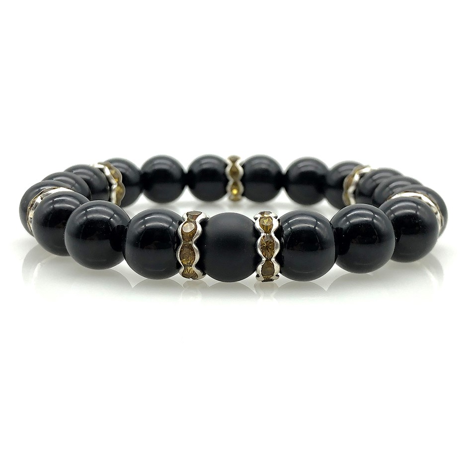 Men's 10mm Black Agate, Black Frosted & Gold Rhinestone Beaded Bracelet