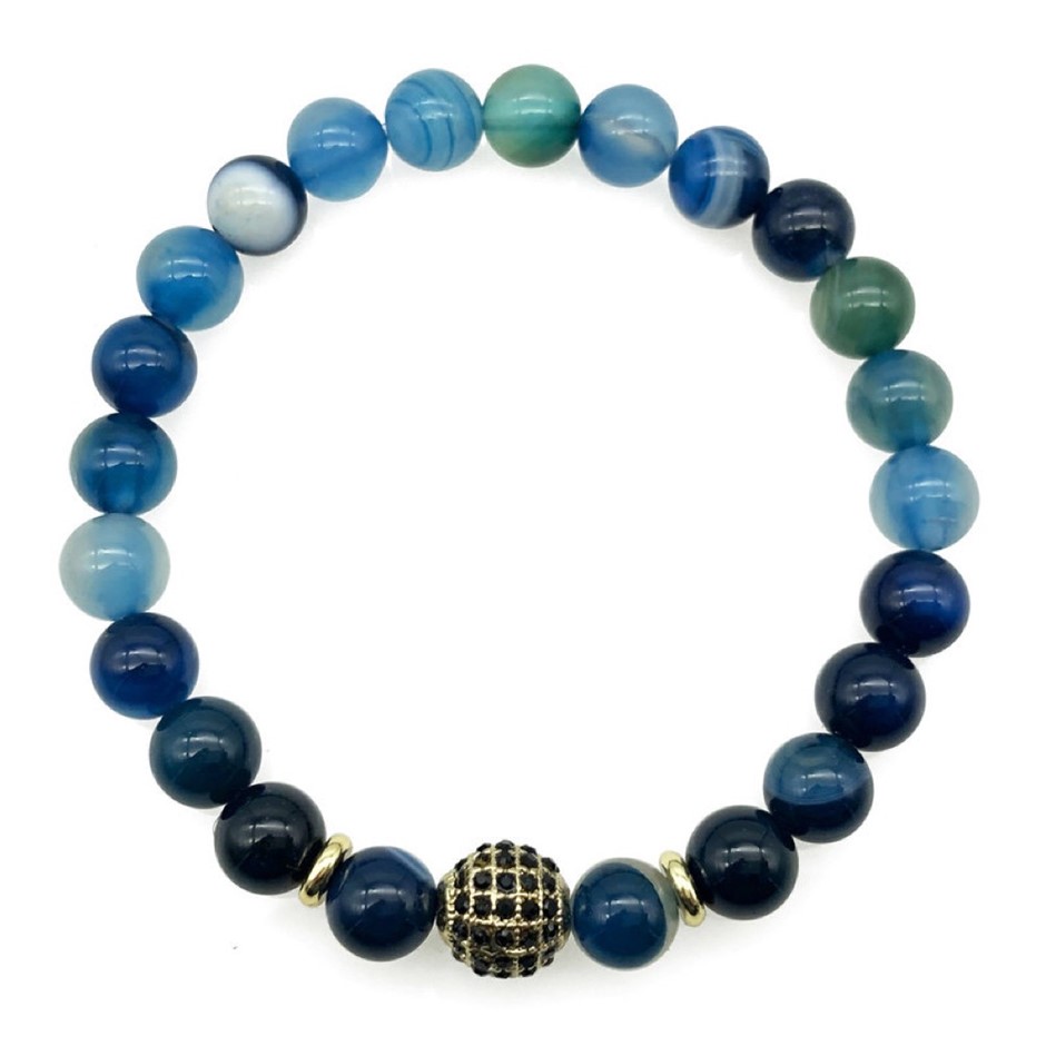 Men's 8mm Blue Stripey Agate & Golden Rhinestone Beaded Gemstone Bracelet