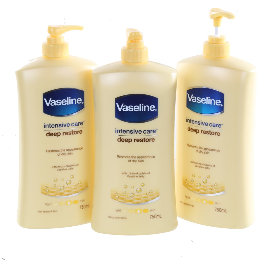 3 x VASELINE Intensive Care Deep Restore Skin Lotion, 750ml. NB: 1 x Unlock