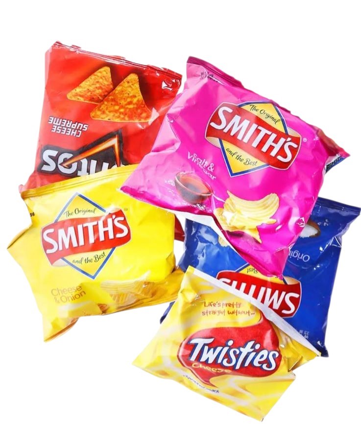150 x Assorted SMITHS Single Serve (17g) Chips. Best Before: 04/2026.
