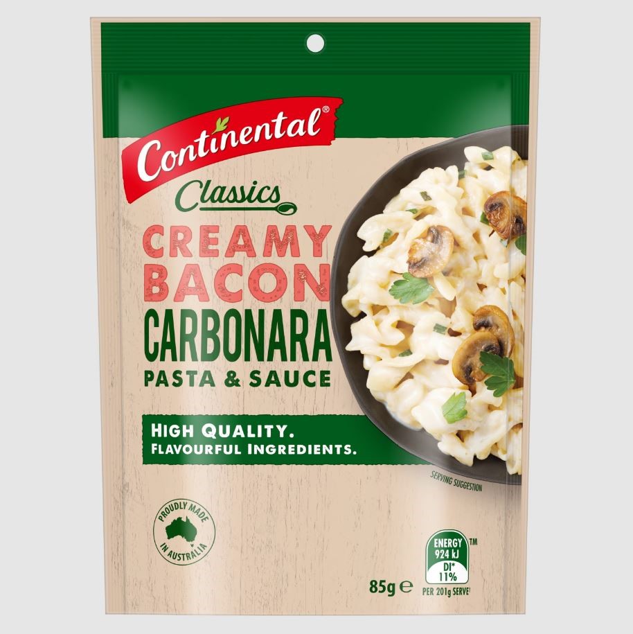19 x CONTINENTAL Creamy Bacon Carbonara Pasta & Sauce, 85g.