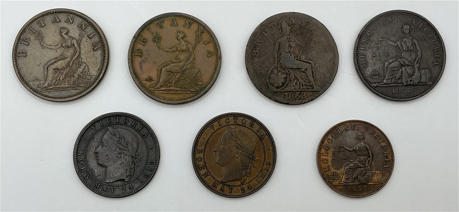 7 x Asstd AU & NZ Tokens, Peace & Plenty, Annand & others, c.1849-58