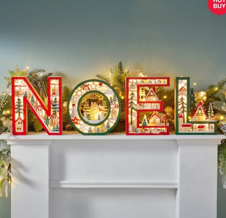 NOEL Wooden Letters With Light Up Festive Scene, Set Of 4.