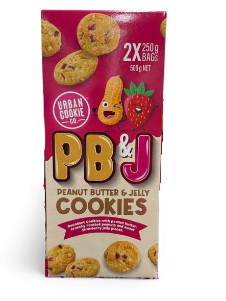 3 x URBAN COOKIE CO. Peanut Butter & Jelly Cookies, 2 x 250g, 500g Net. NB: