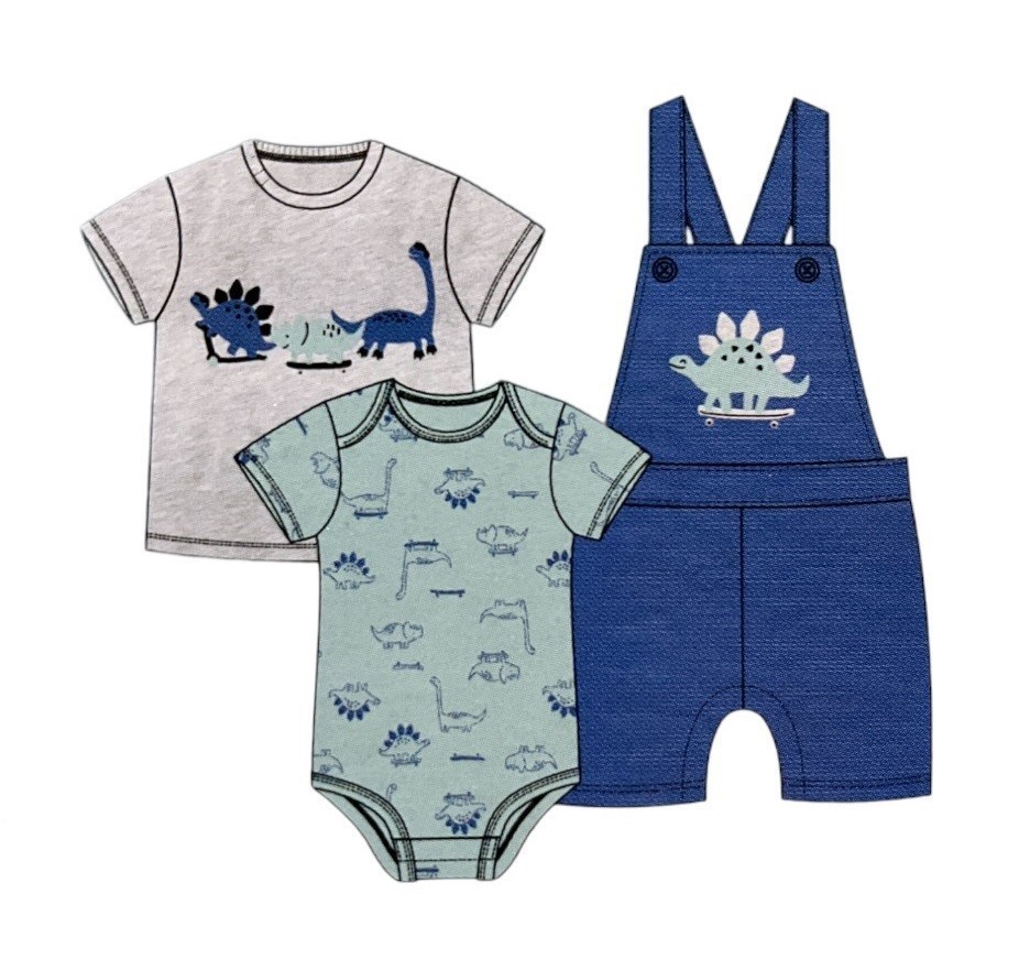 3pc PEKKLE Infant's Set, Size 9M, Incl: Overall, Bodysuit & Tee, Dino.