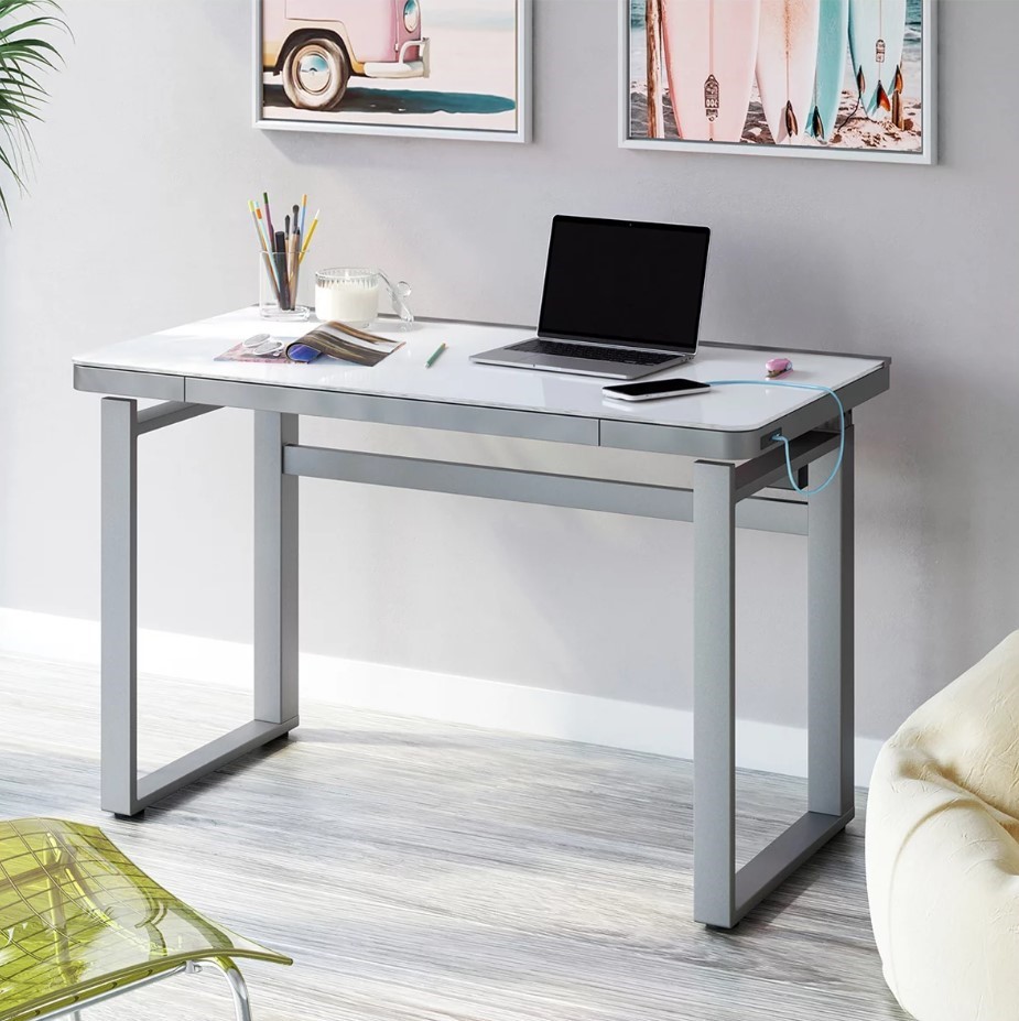 TRESANTI Aurora Height-Adjustable Desk With LED Lighting, Grey.