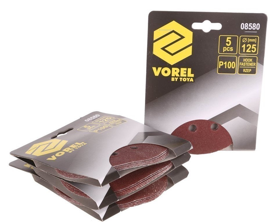 20 Packs of 5 VOREL 125mm Abrasive Discs, Grit P80, Hook & Fastener.