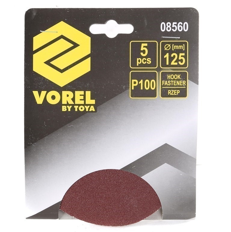 20 Packs of 5 VOREL Sanding Discs 125mm, Grit P100, Hook Fastener.