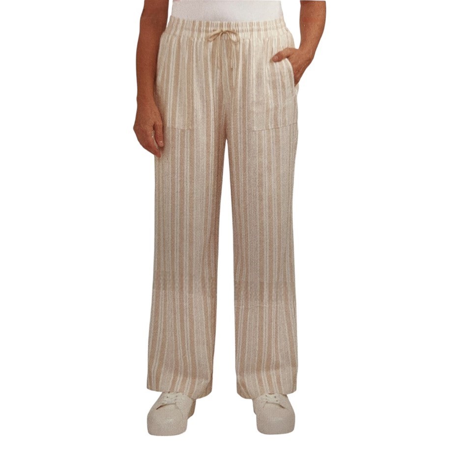 TEDDI ROSE Women's Wide Leg Pant, Size L, 55% Linen, Desert Tan Stripe. Bu