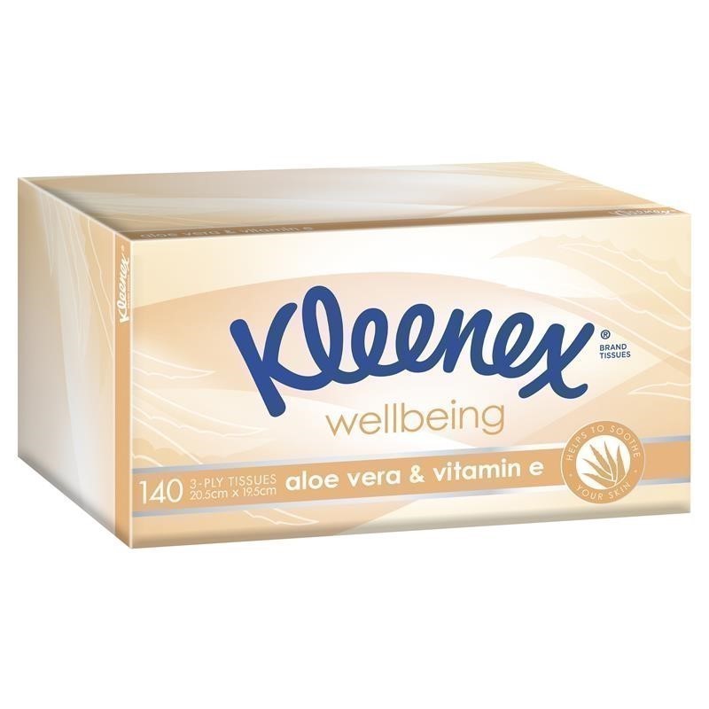 16 x KLEENEX Wellbeing Tissues Aloe Vera & Vitamin E, 140 x 3-ply. N.B. Dam