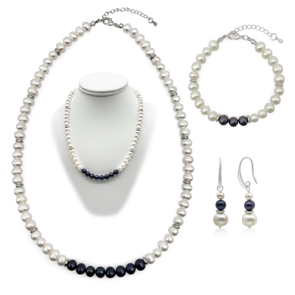 Luxury 7-8mm White & Black Pearl Real Platinum Plated Jewellery Set