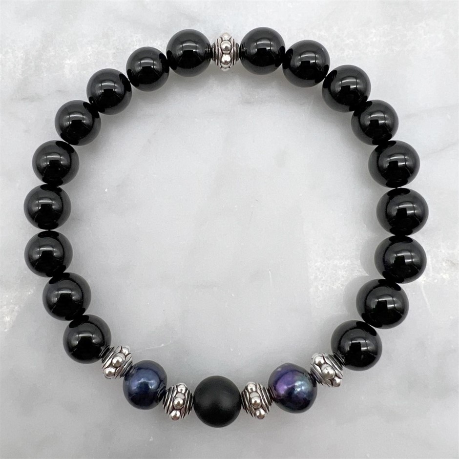 8mm Black Agate, Frosted Agate, Pearls & Antique Silver Bracelet