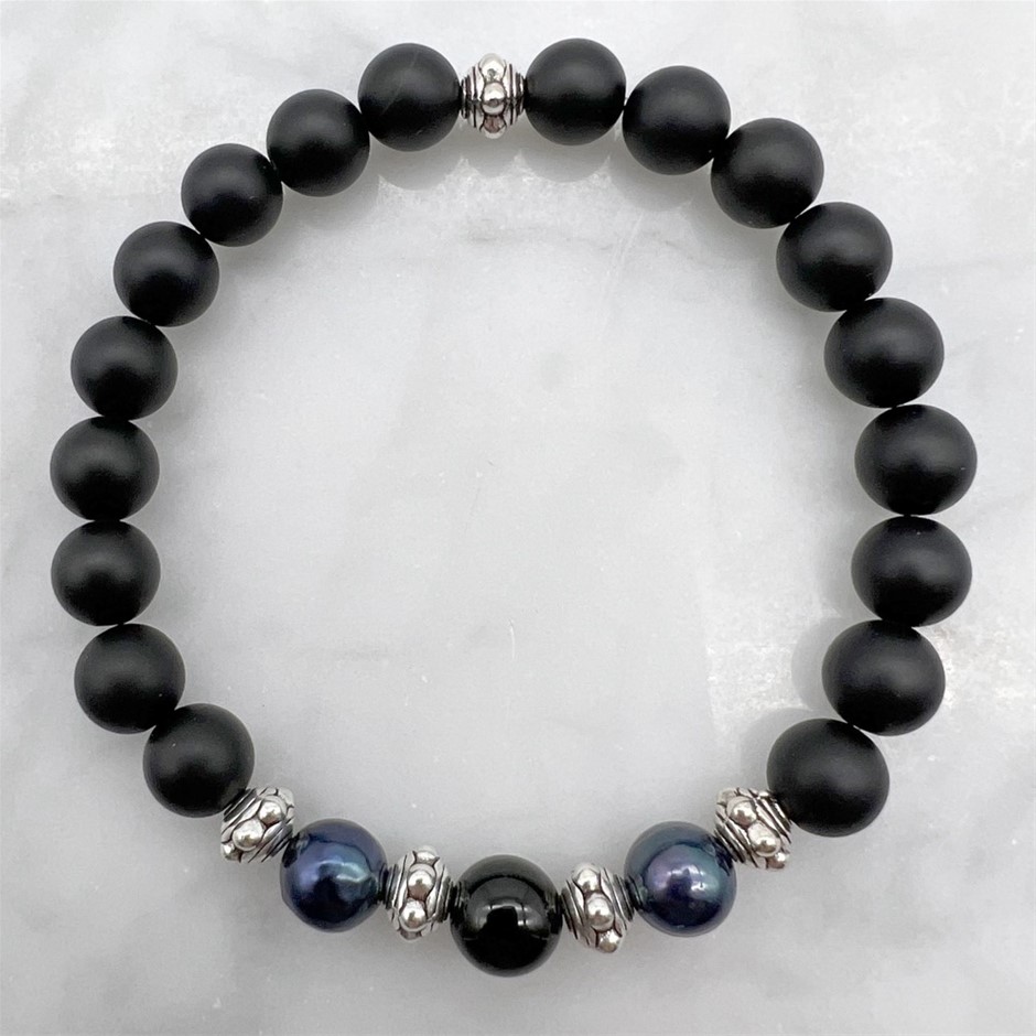 8mm Frosted Agate, Black Agate, Pearls & Antique Silver Bracelet