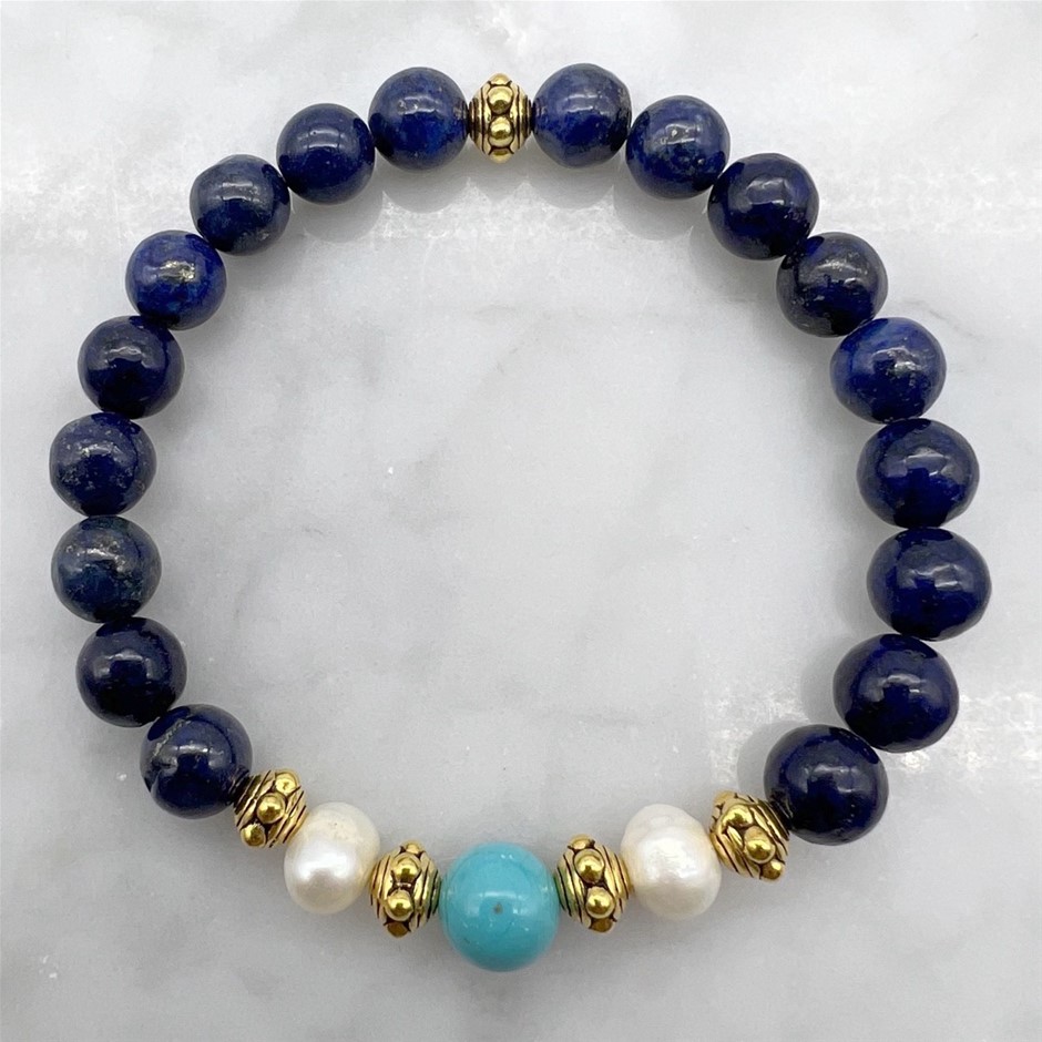 Lapis Lazuli, Turquoise, Pearls Stretchy & Antique Gold Bracelet