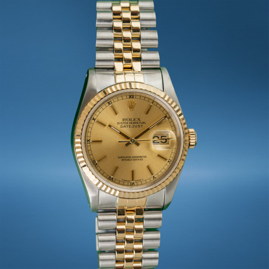 Rolex Datejust 36 Champagne Index Dial 16233 Two-Tone Yellow Gold 1991 BxP