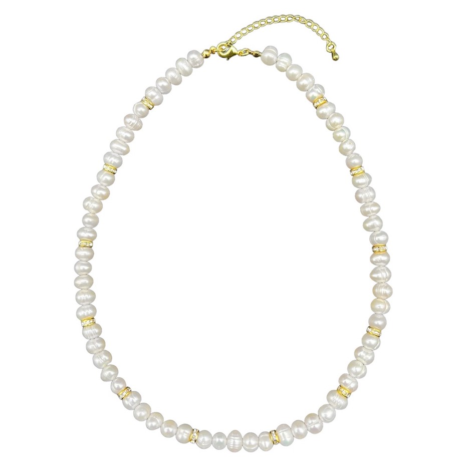 7-8mm White Pearls & Gold Plated Rhinestone Necklace