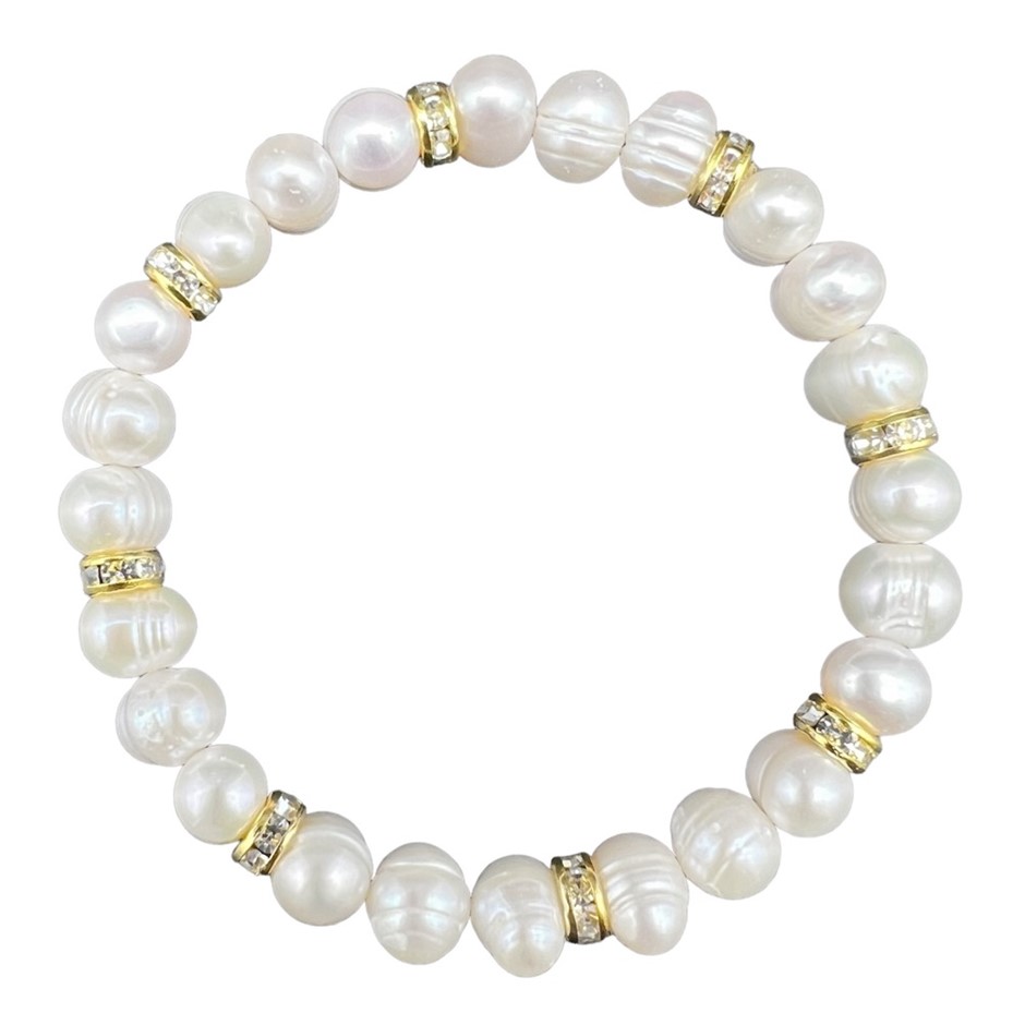 7-8mm White Pearls & Gold Plated Rhinestone Stretch Bracelet