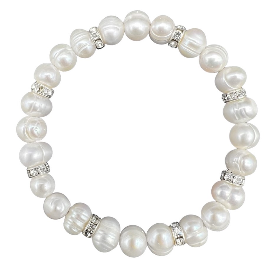 7-8mm White Pearls & Silver Plated Rhinestone Stretch Bracelet