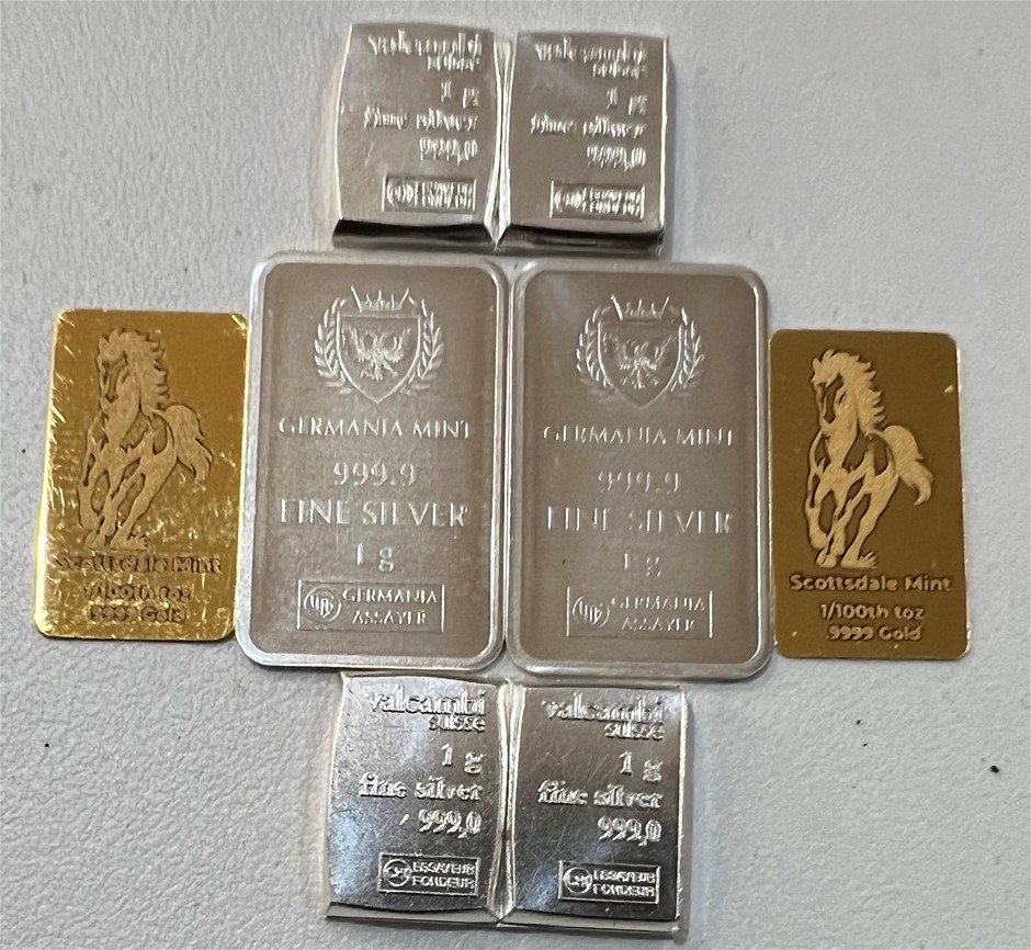 Scottsdale Gold 1/100oz 9999 x 2, 1g Valcumbi Silver Bars x 4, 1g Bar x 2
