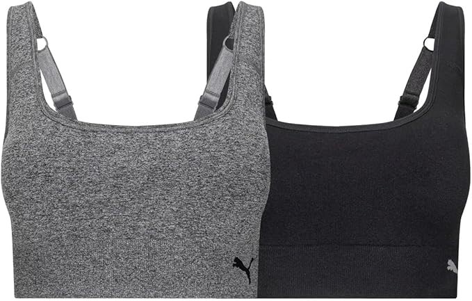 4 x PUMA Square Neck Seamless Sports Bras, Size S, Med Heather Grey/Black.