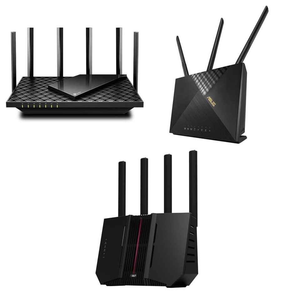 3 x Assorted Routers. Incl: 1 x ASUS 4G-AX56 Dual-Band WiFi 6 AX1800, 1 x T