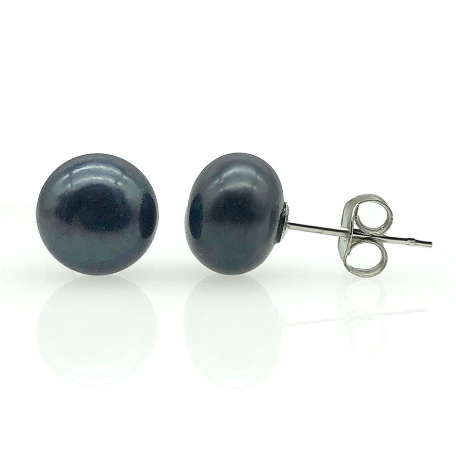 8.5-9mm Button Black Freshwater Pearl 925 Sterling Silver Stud Earrings
