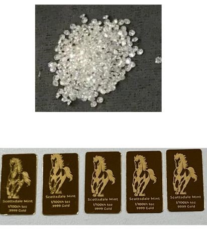 1/100 Scottdale gold bar x 5 & 2.10 Carat White diamonds various