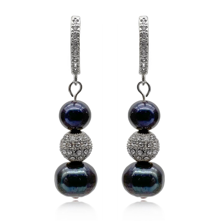 Black Freshwater Pearl CZ Platinum Plated Huggie Hoop Earrings