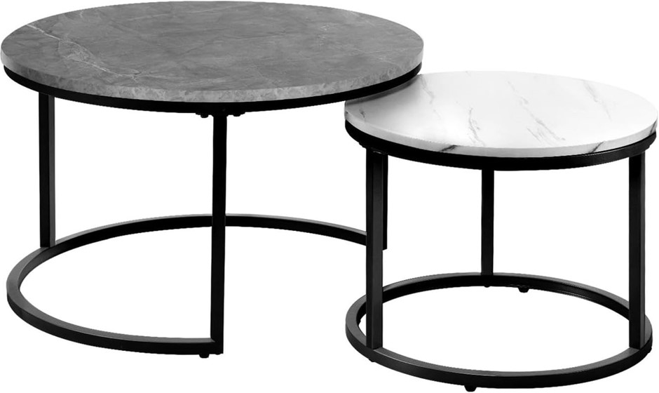 OIKITURE Round Coffee Table, Set of 2, Grey/White