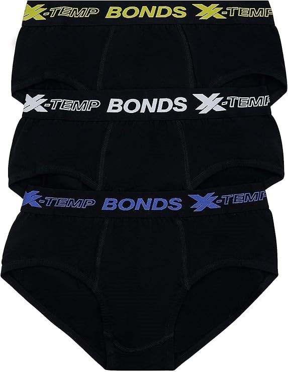 2 x BONDS Boys X-Temp Trunks, Black with Green, White & Blue Bands, Size: M